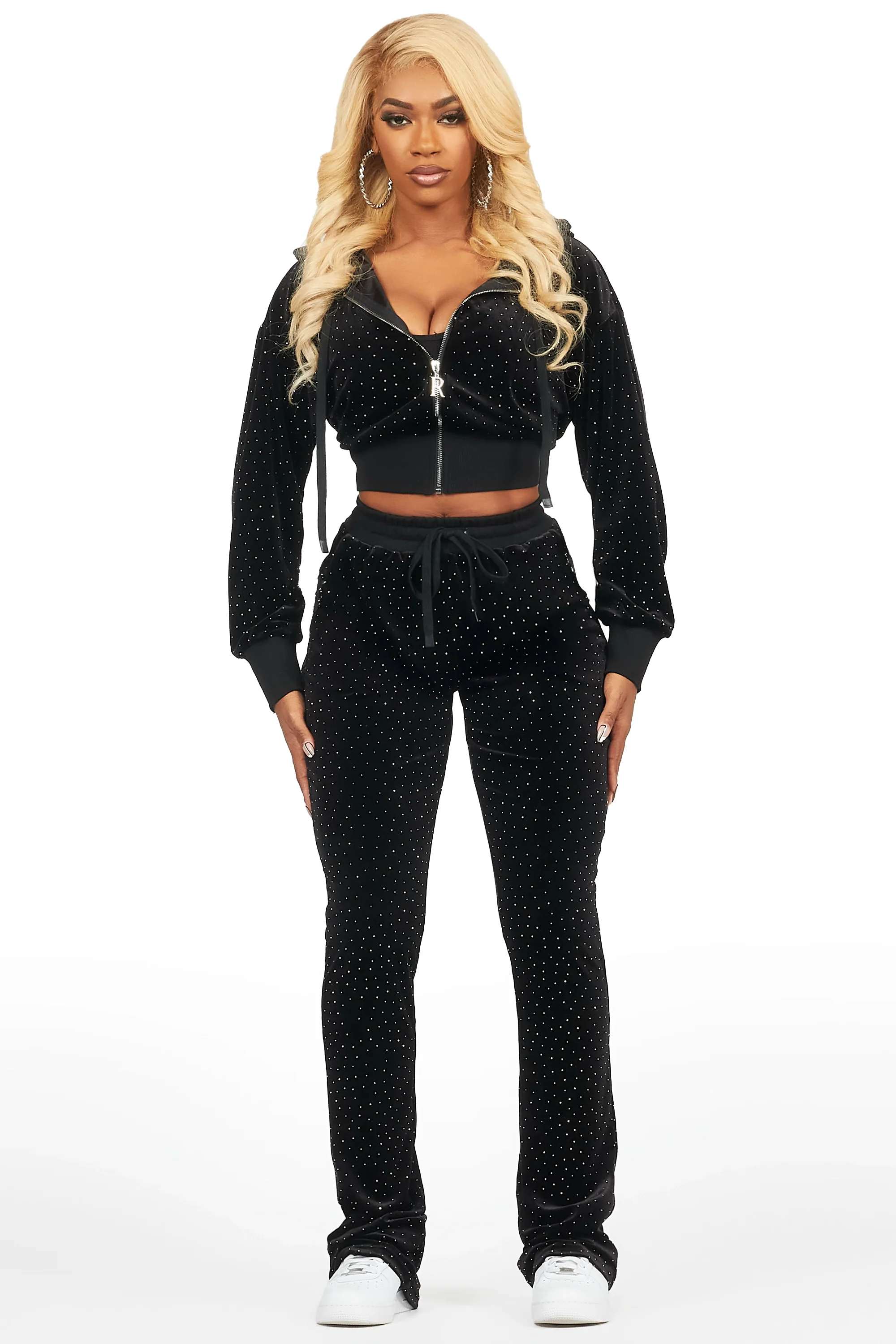 Khalilah Black Rhinestone Velour Stacked Trackset - Image 2