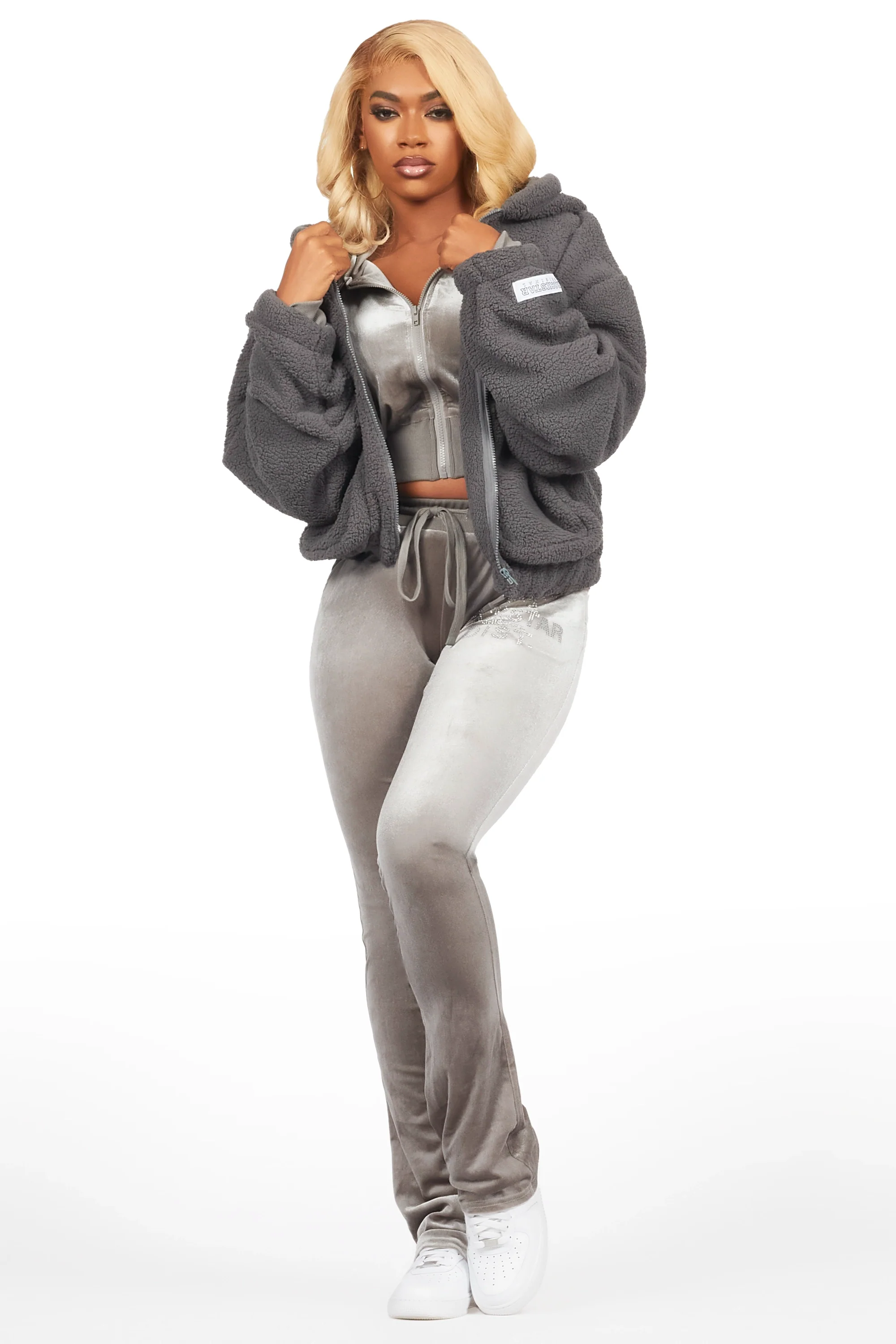 Shakura Grey Stacked Rhinestone Velour Trackset - Image 7