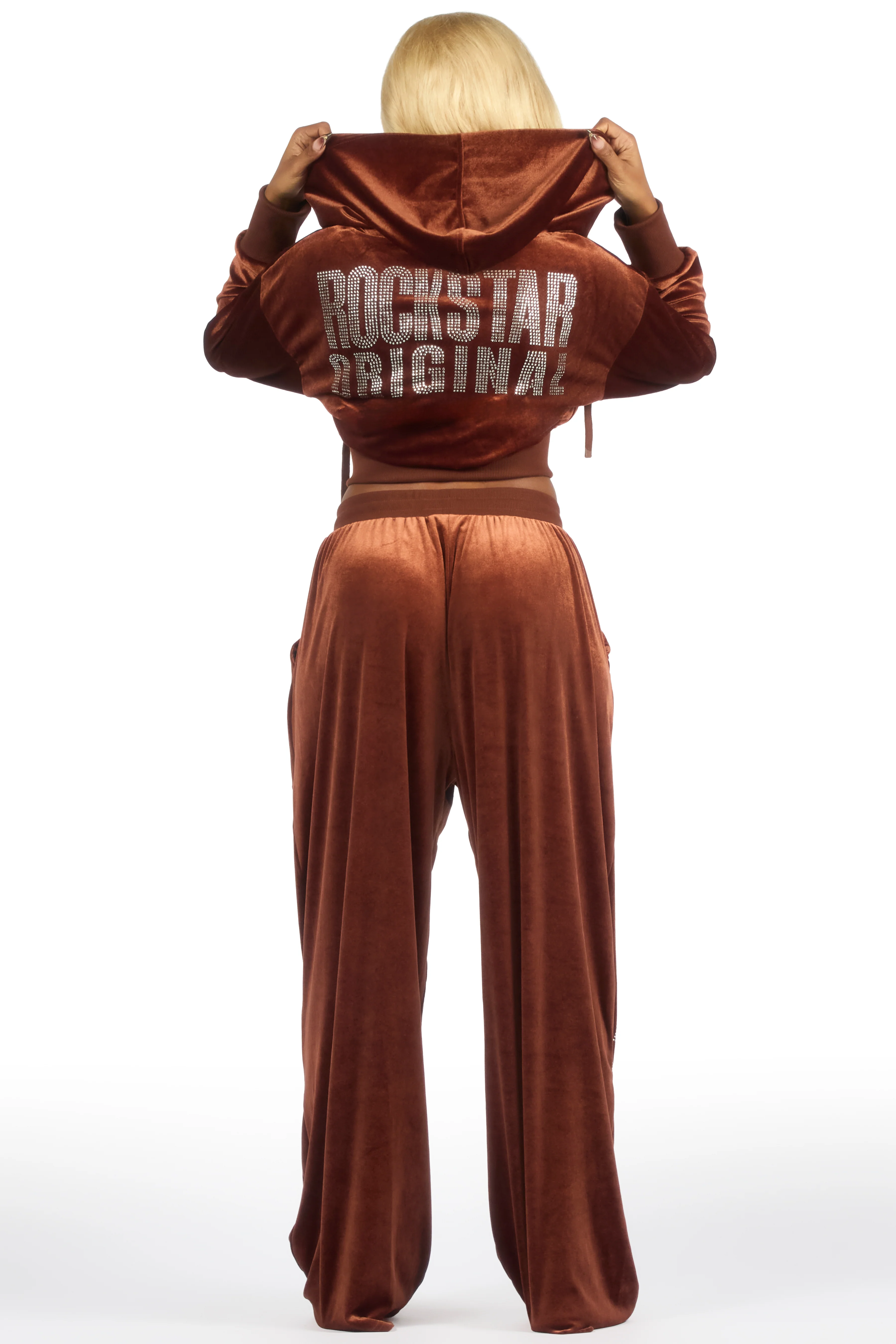 Cadence Brown Rhinestone Velour Baggy Fit Track Set - Image 7