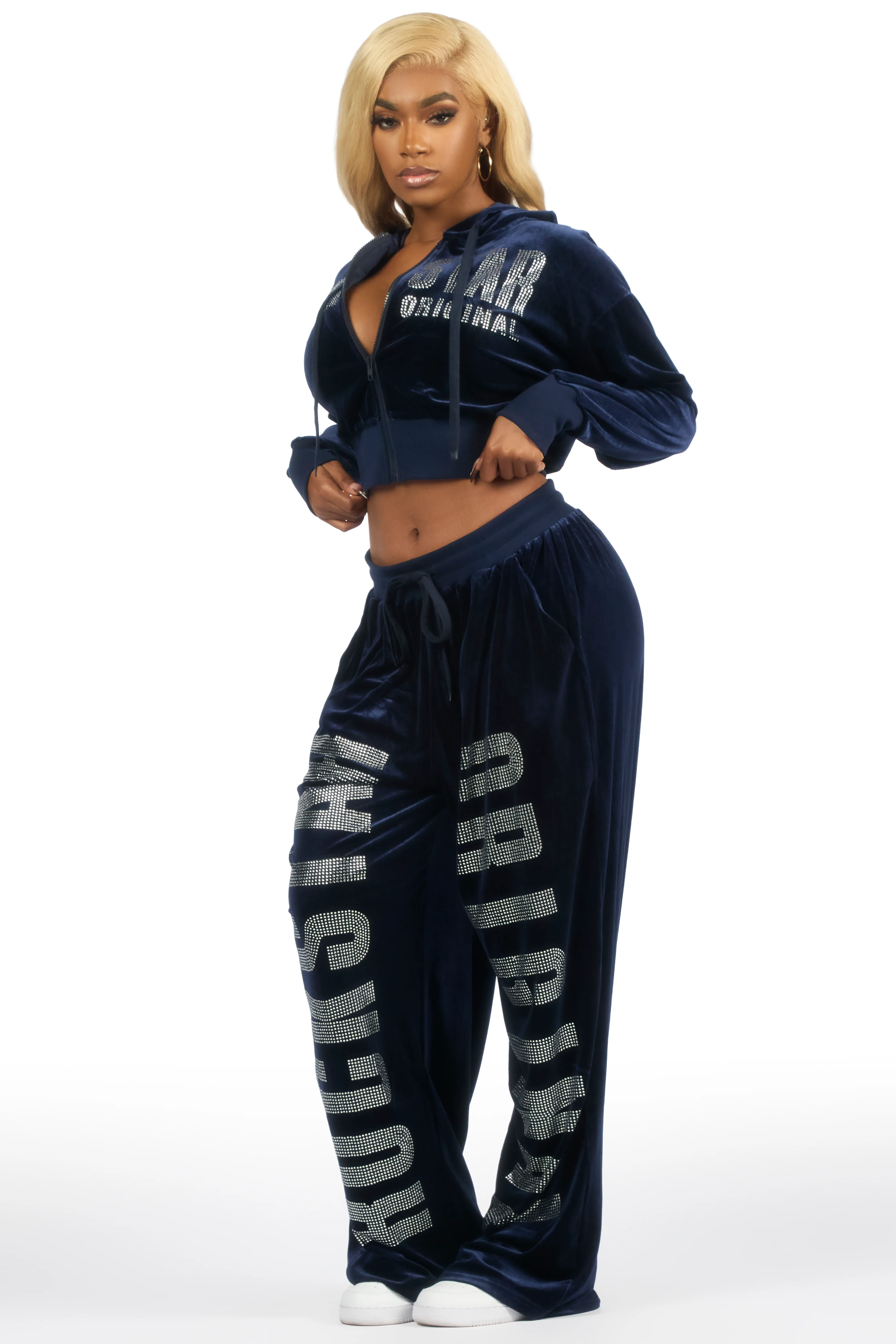 Cadence Navy Rhinestone Velour Baggy Fit Track Set - Image 4