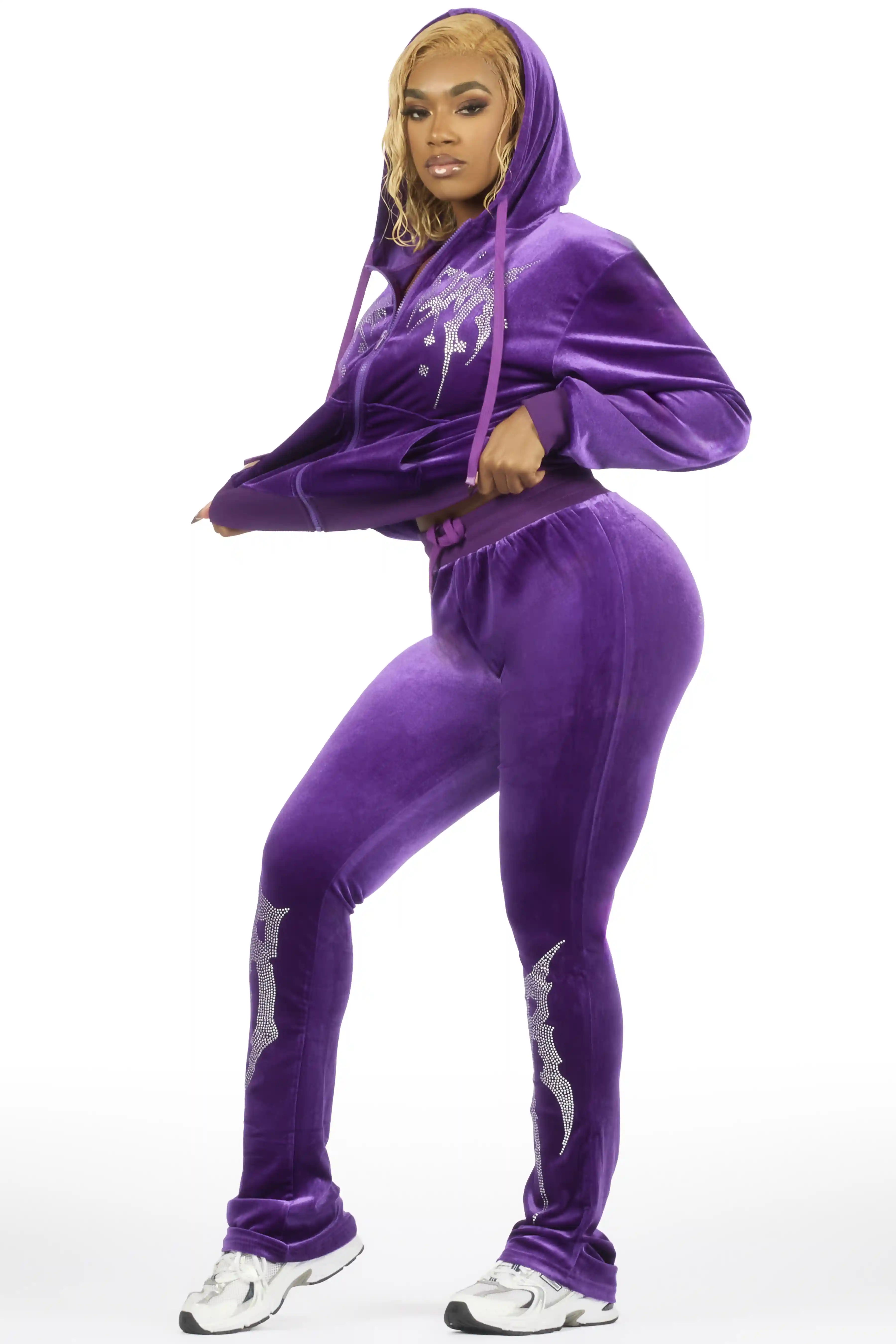 Deidre Purple Rhinestone Velour Stacked Track Set - Image 3