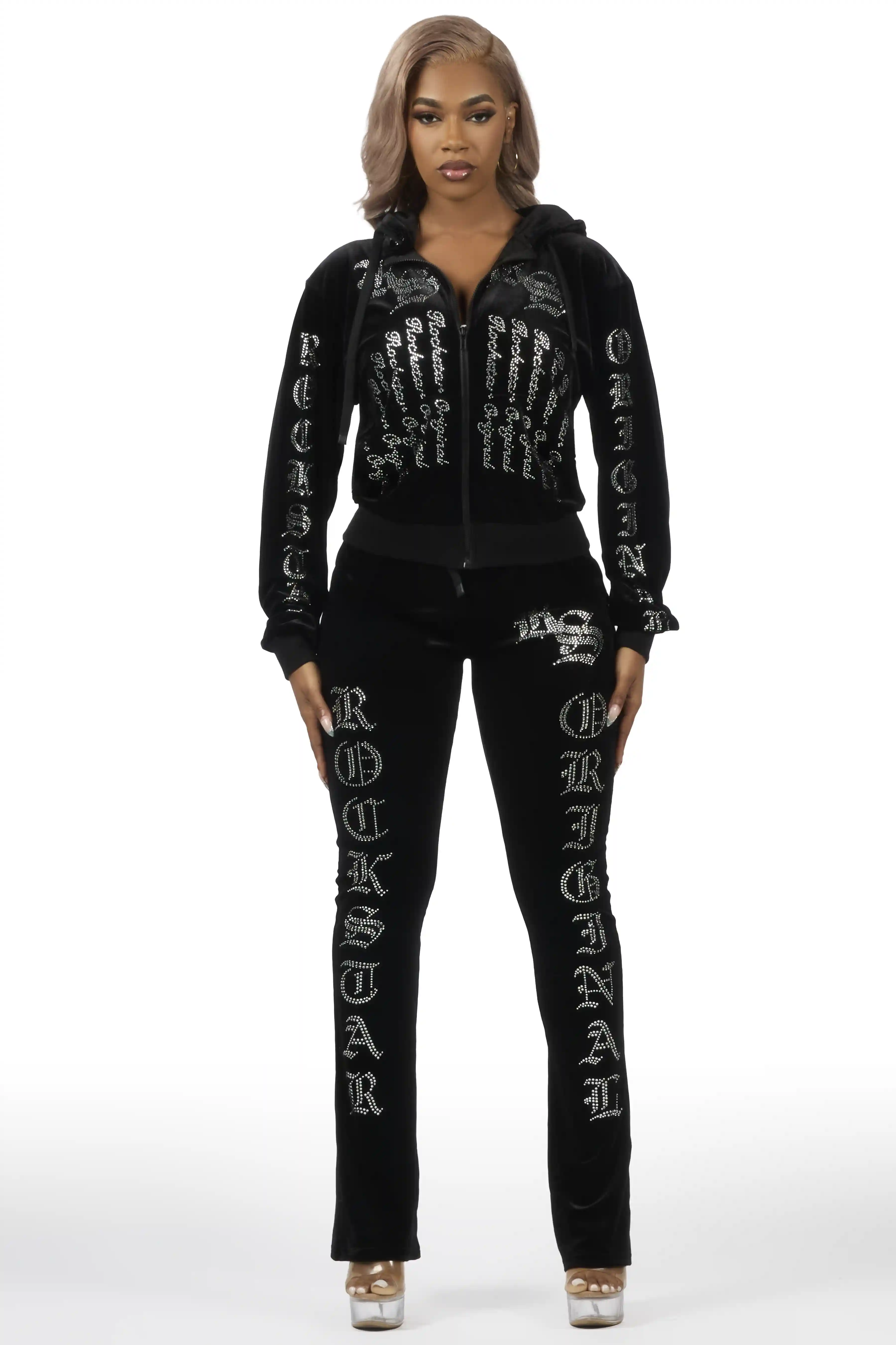 Doniqua Black Rhinestone Velour Stacked Track Set - Image 2