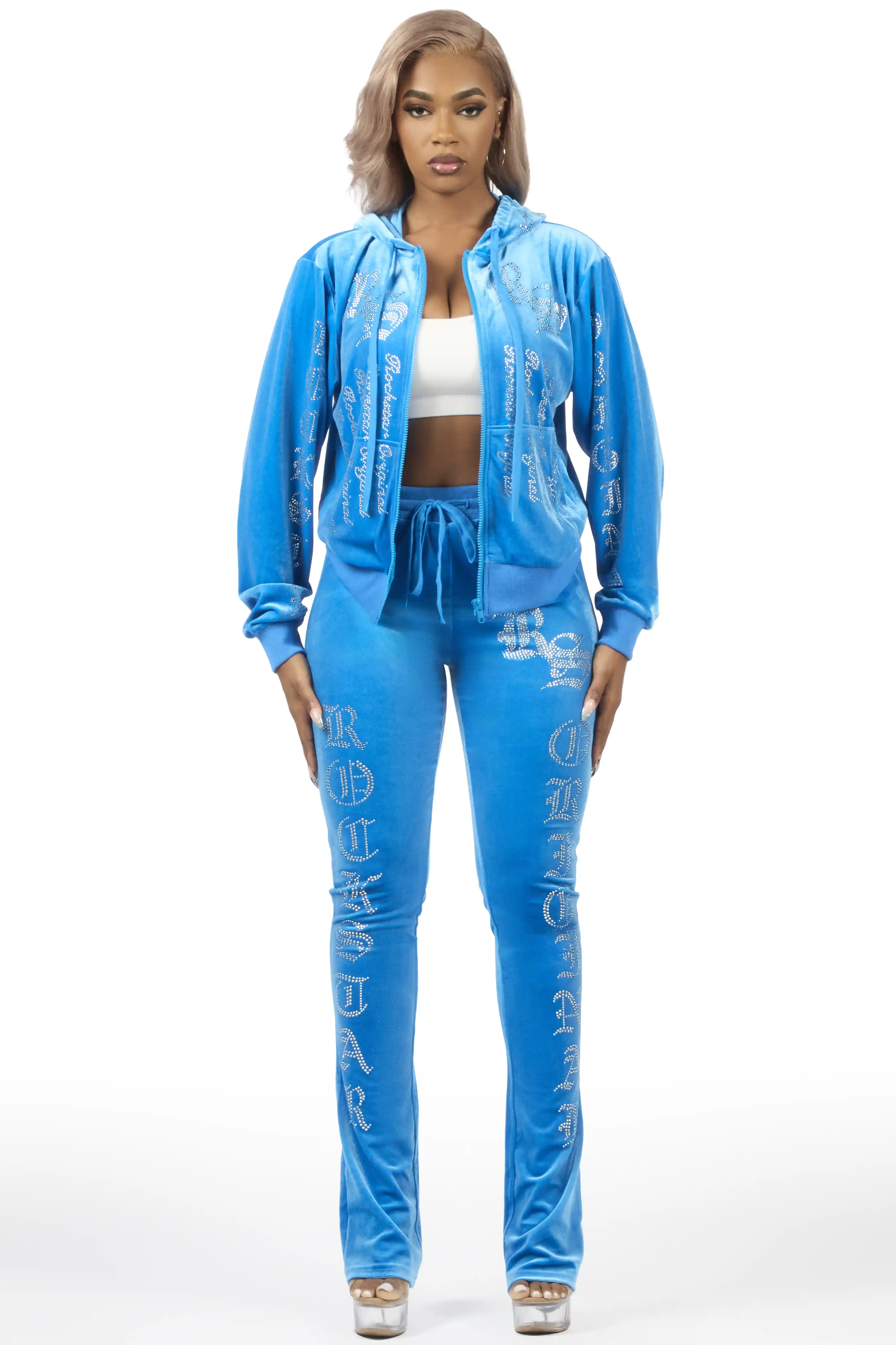 Doniqua Blue Rhinestone Velour Stacked Track Set - Image 4