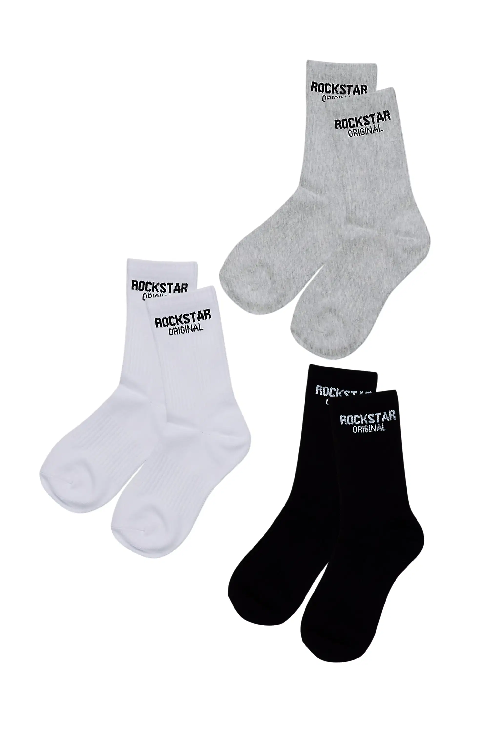 Womens Rockstar Dist White/Black/HeatherGrey Basic Socks 3 Pack