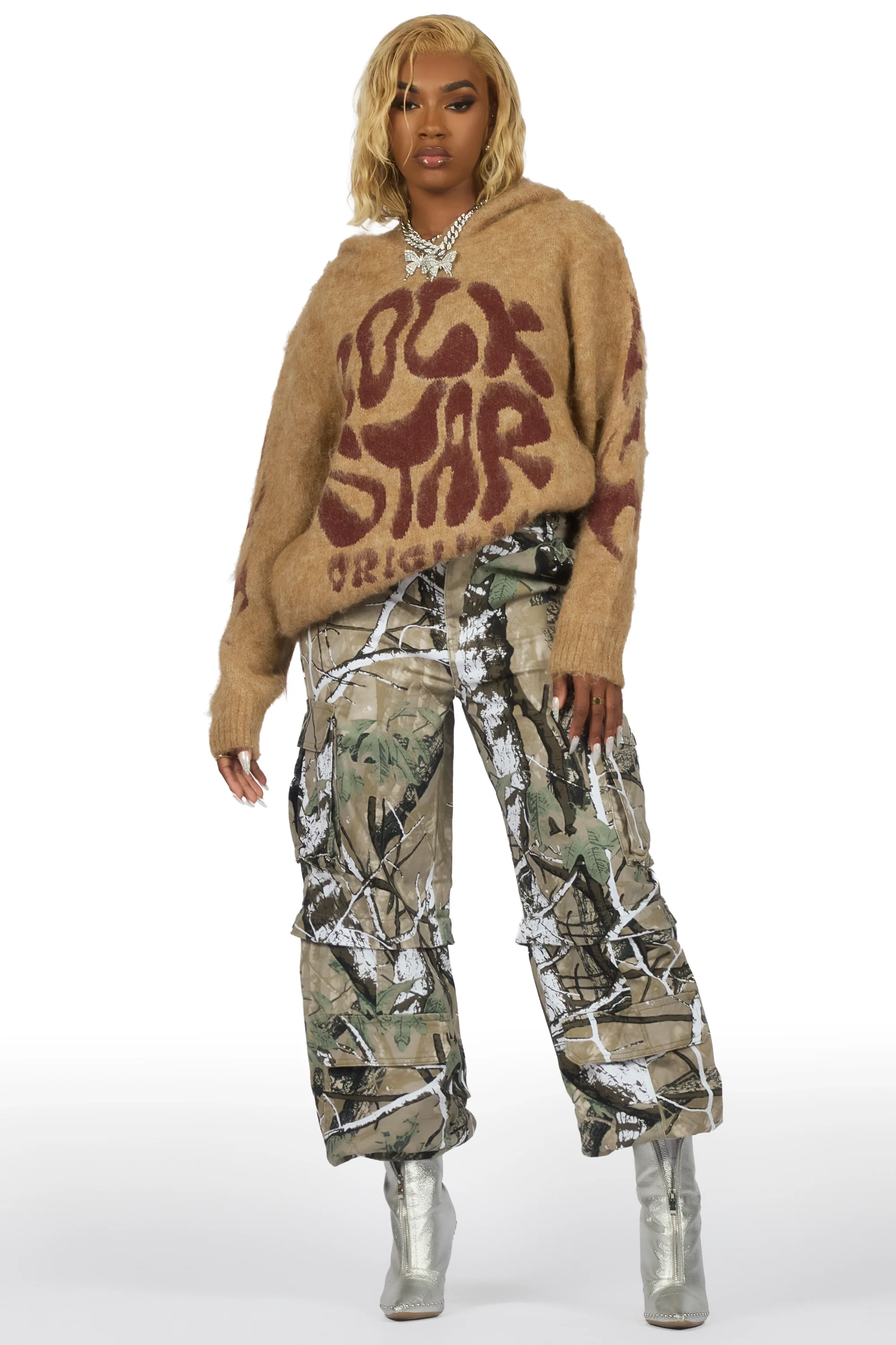 Akeya Beige Graphic Knit Hoodie - Image 3