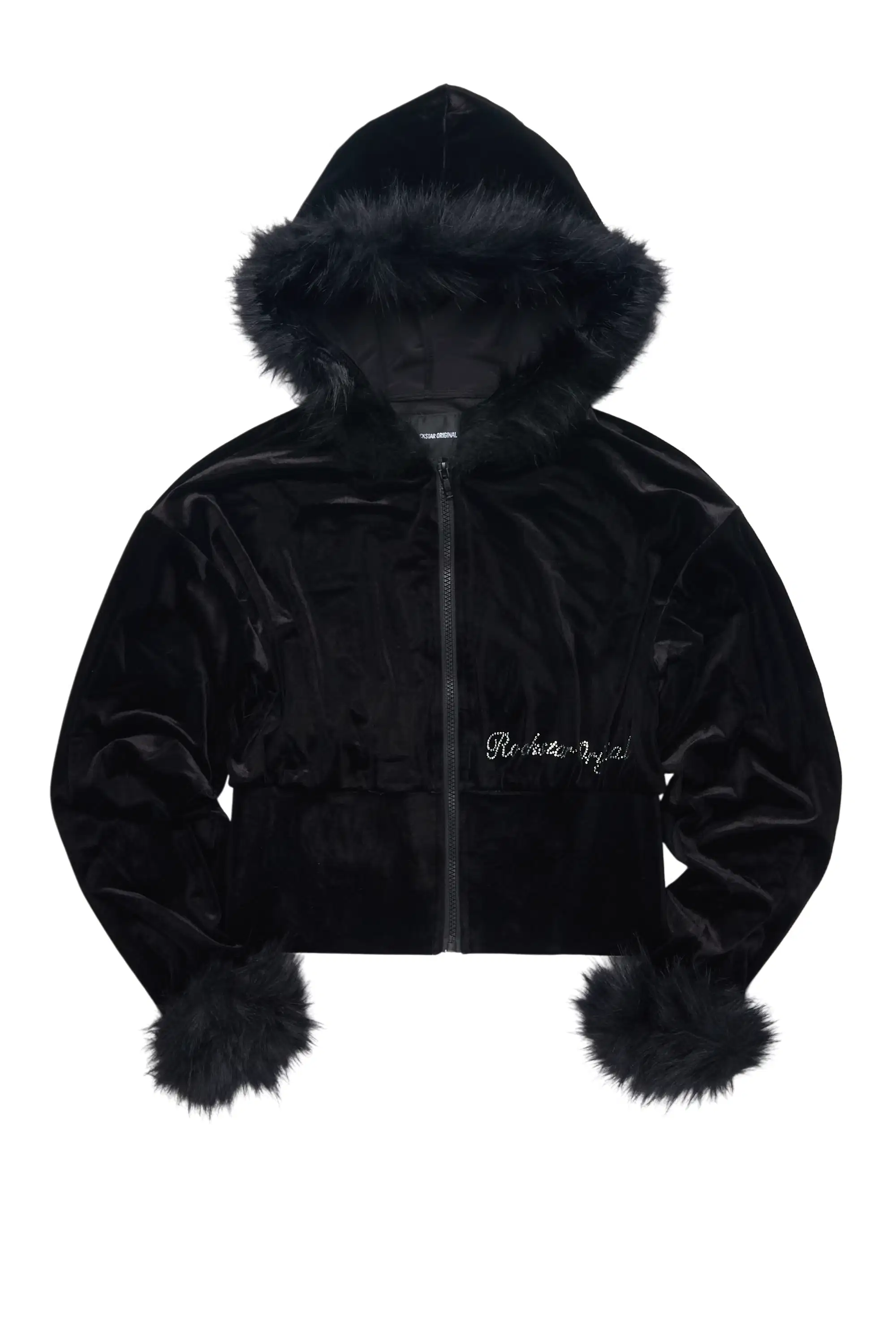 Shanika Black Velour Crop Hoodie With Fur Hood