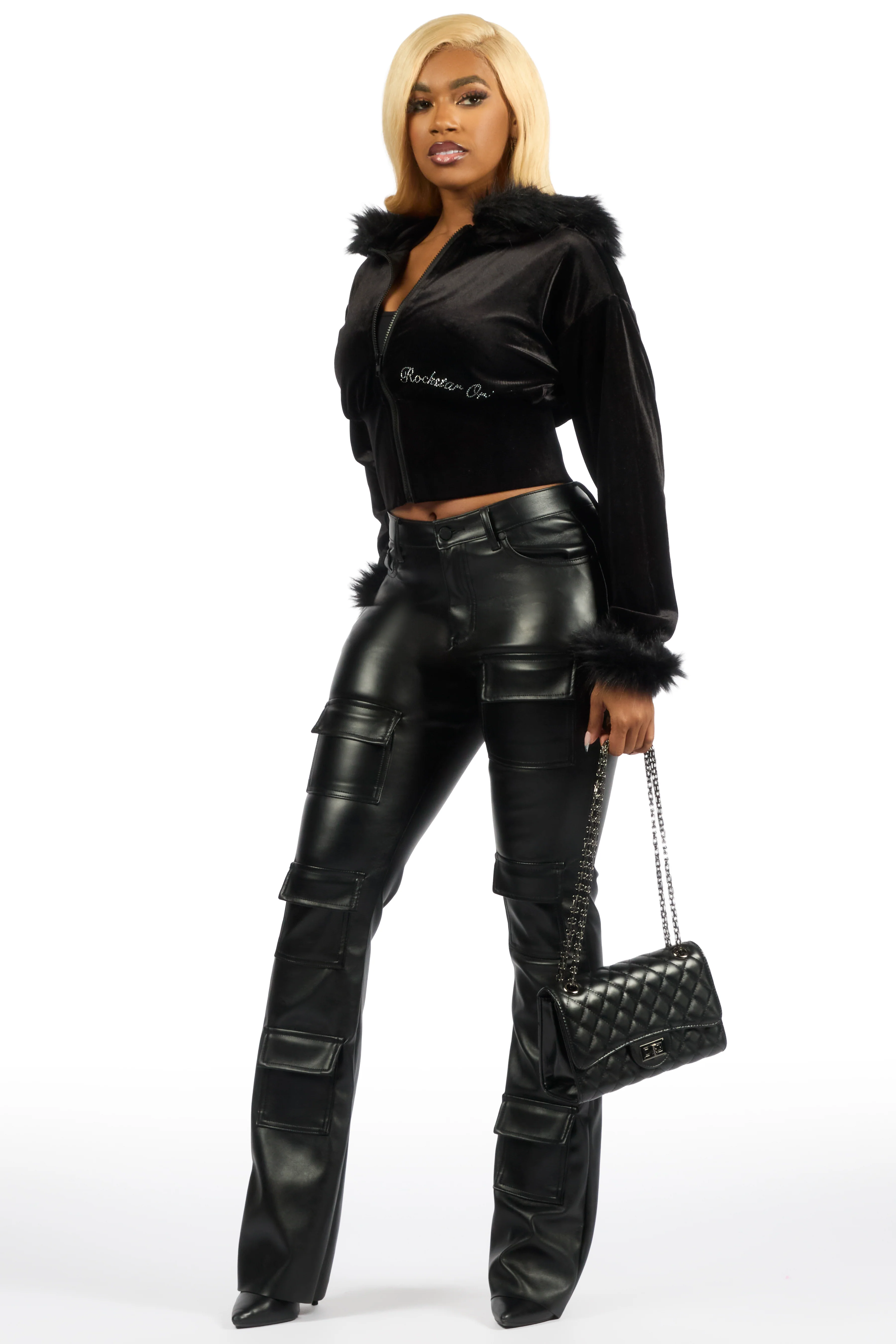 Shanika Black Velour Crop Hoodie With Fur Hood - Image 5