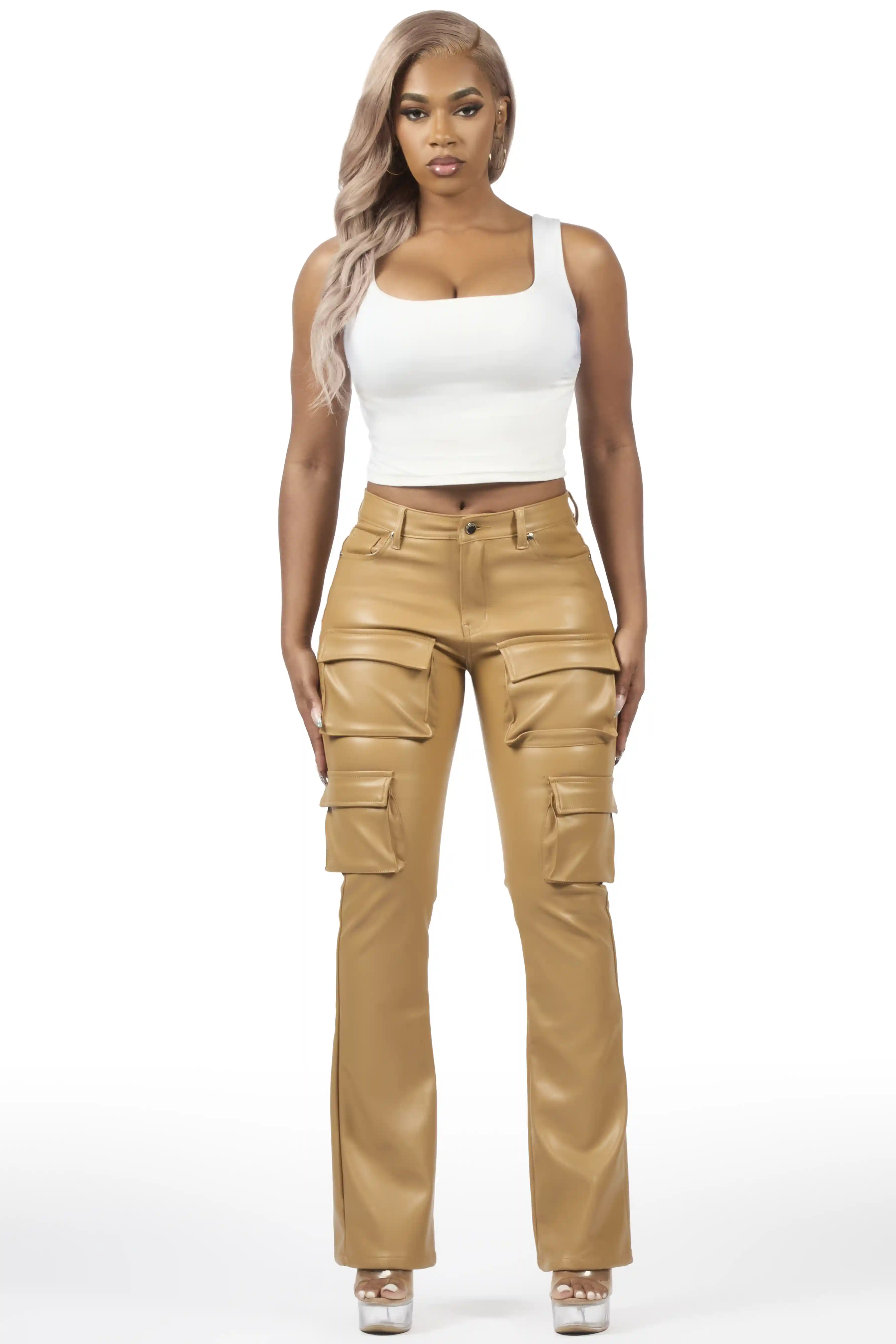 Caressia Tan PU Cargo Stacked Flare Pant - Image 2