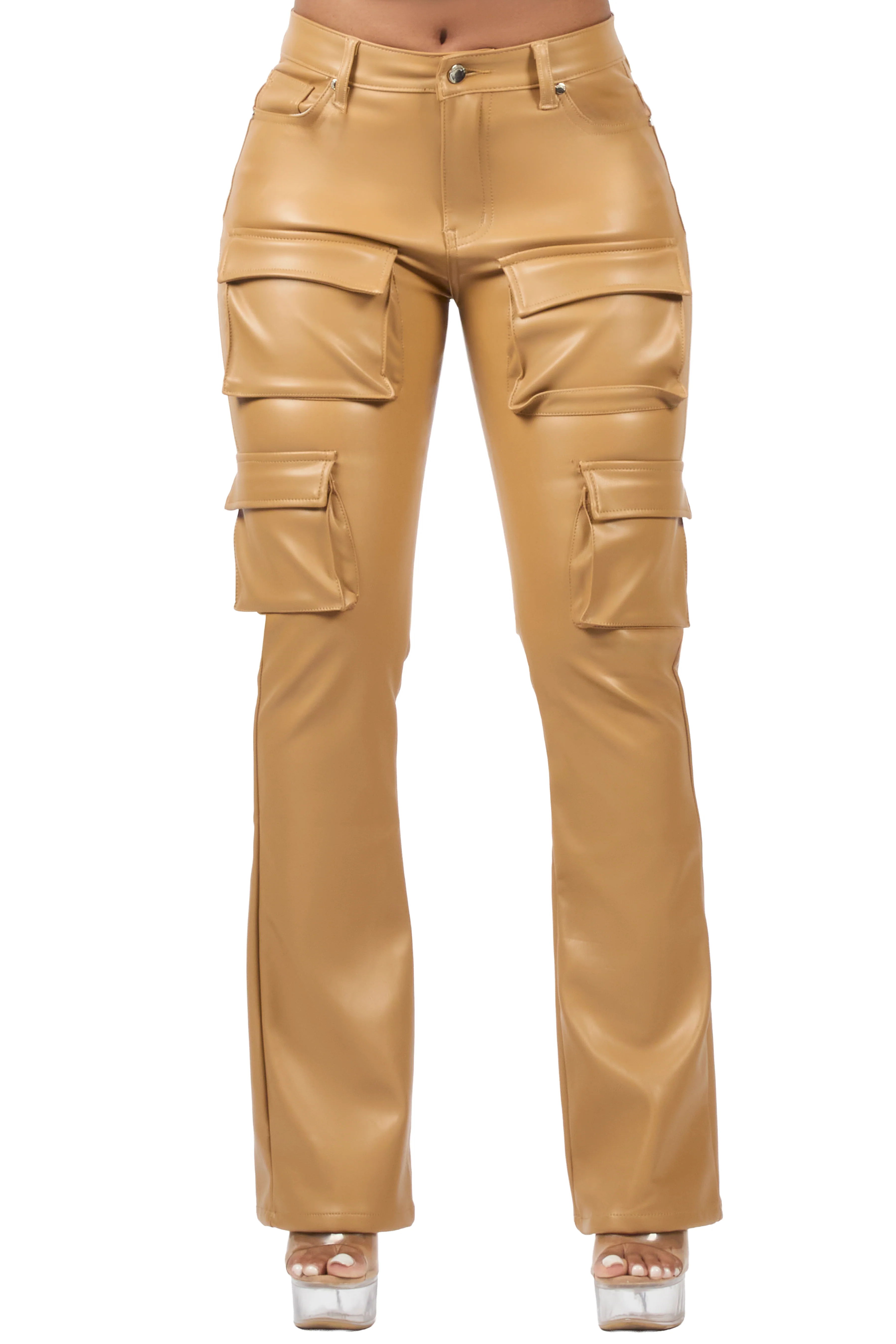 Caressia Tan PU Cargo Stacked Flare Pant - Image 9