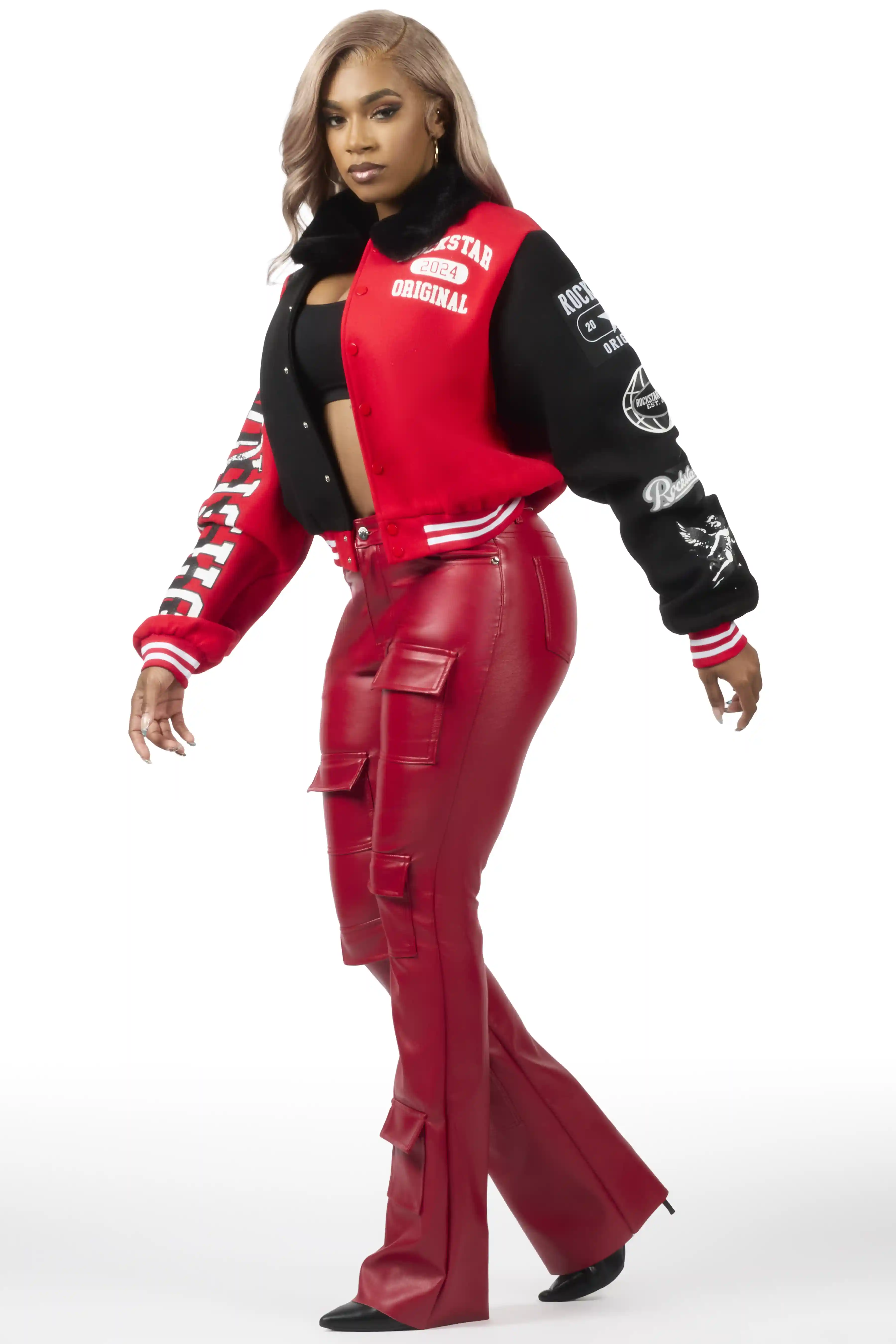 Keazhanae Red PU Cargo Stacked Flare Pant - Image 4