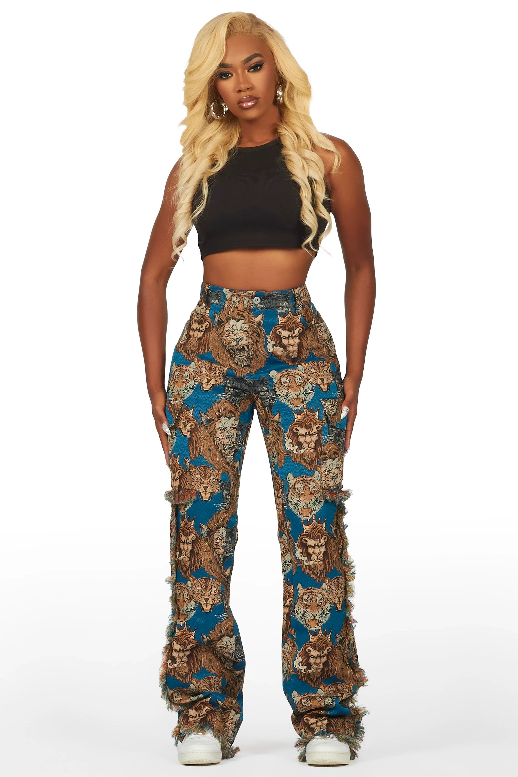 Khadiyah Blue Animal Print Tapestry Stacked Pant - Image 3