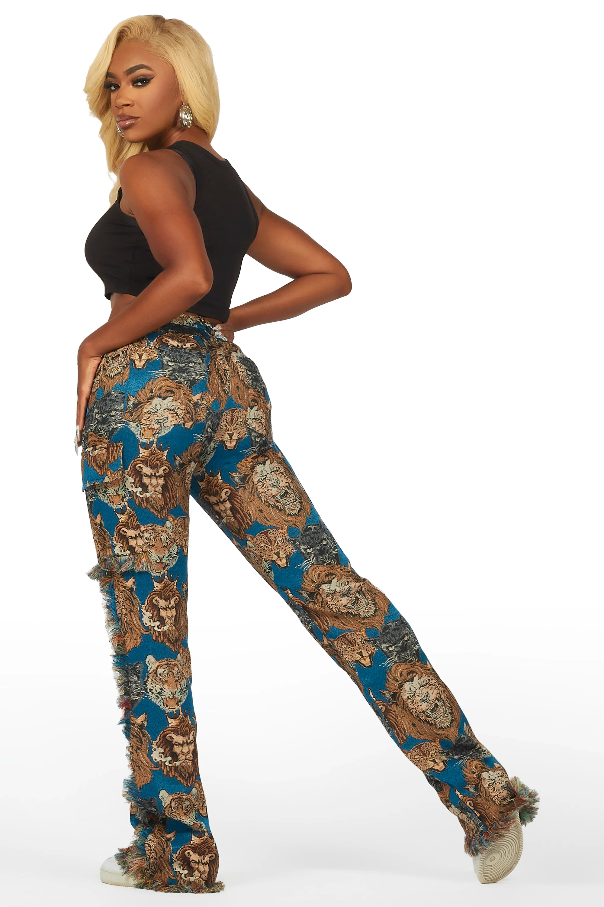 Khadiyah Blue Animal Print Tapestry Stacked Pant - Image 5