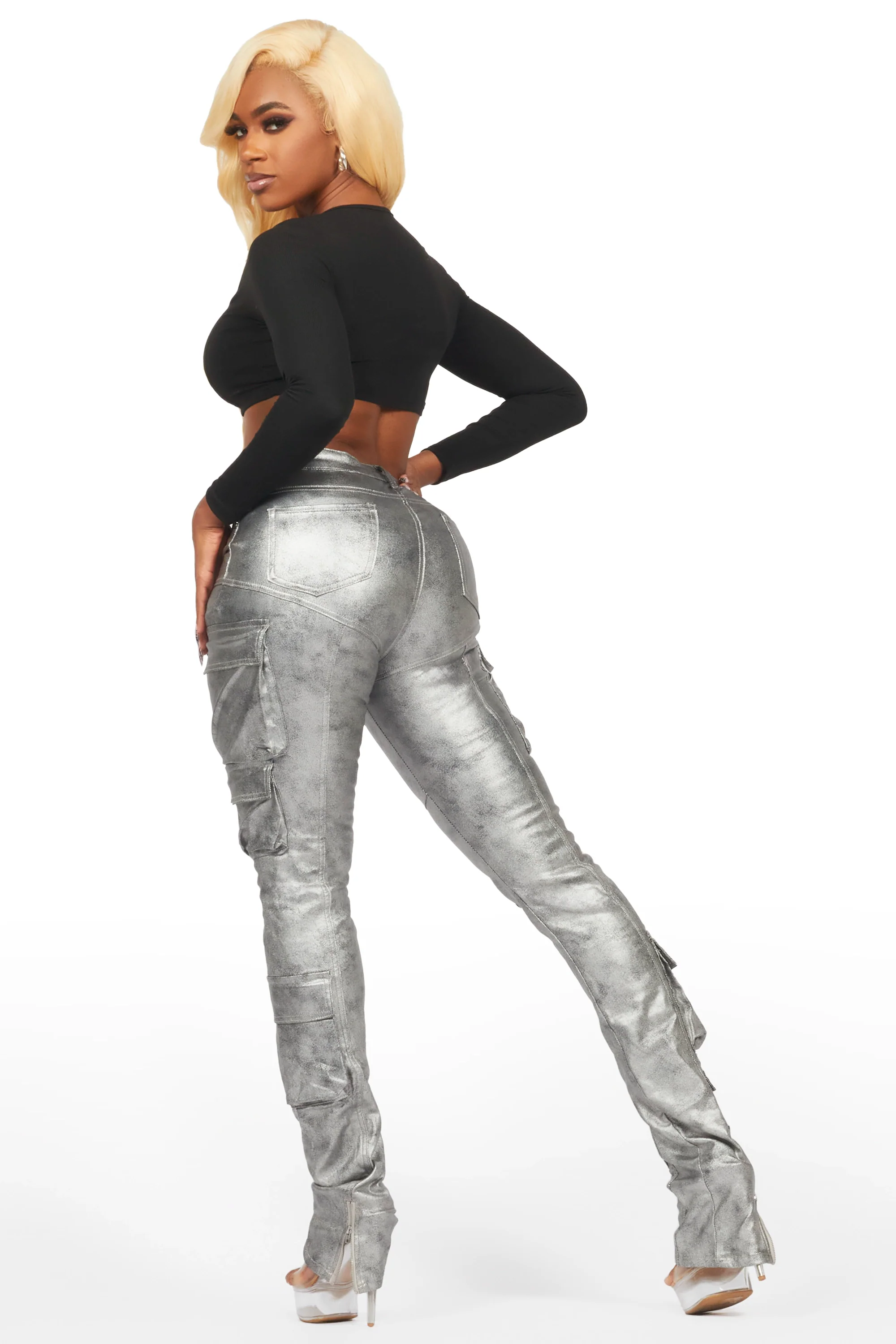 Teeoina Silver Coated Black Skinny Stacked PU Pant - Image 9