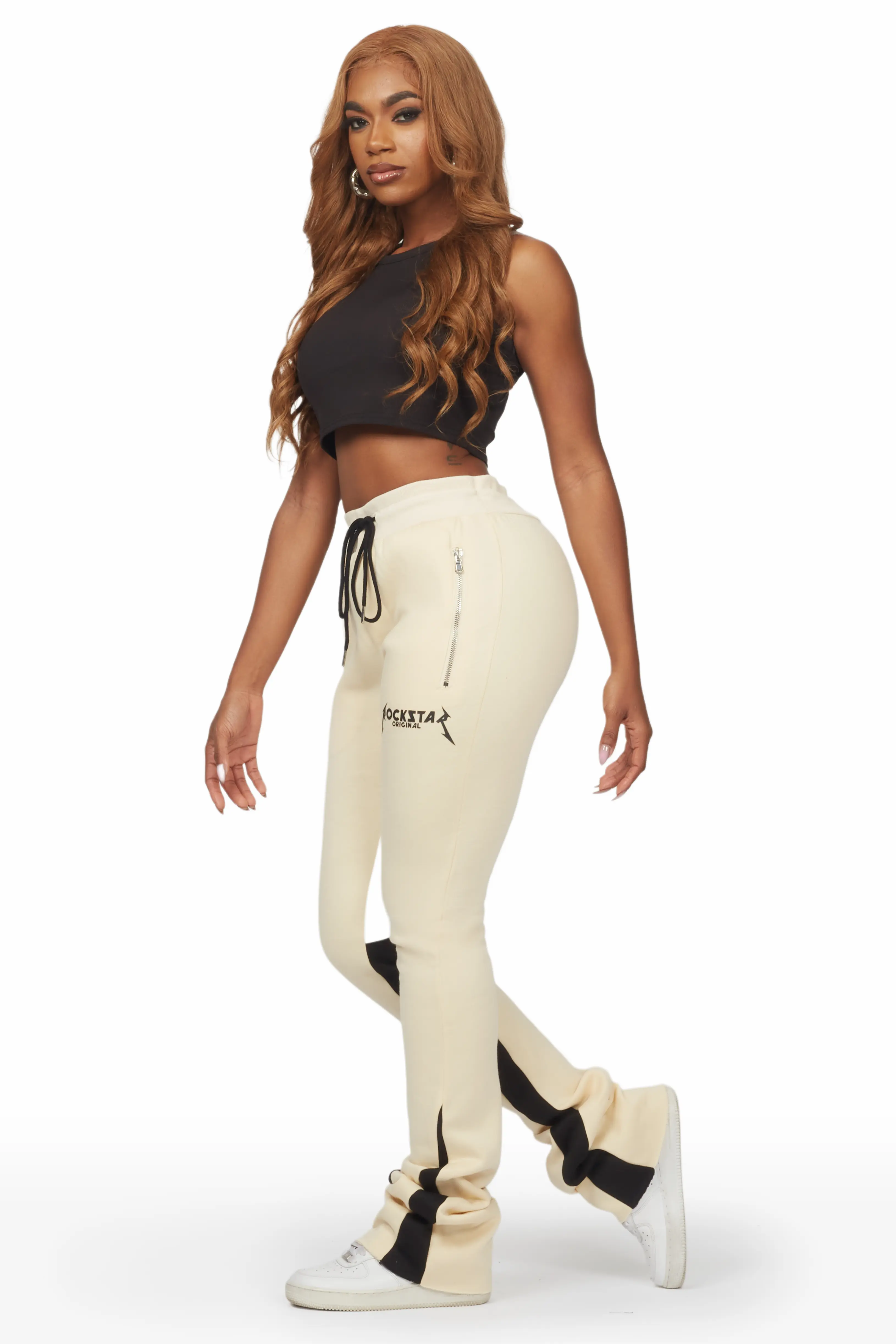 Emery Beige Stacked Flare Track Pant - Image 2