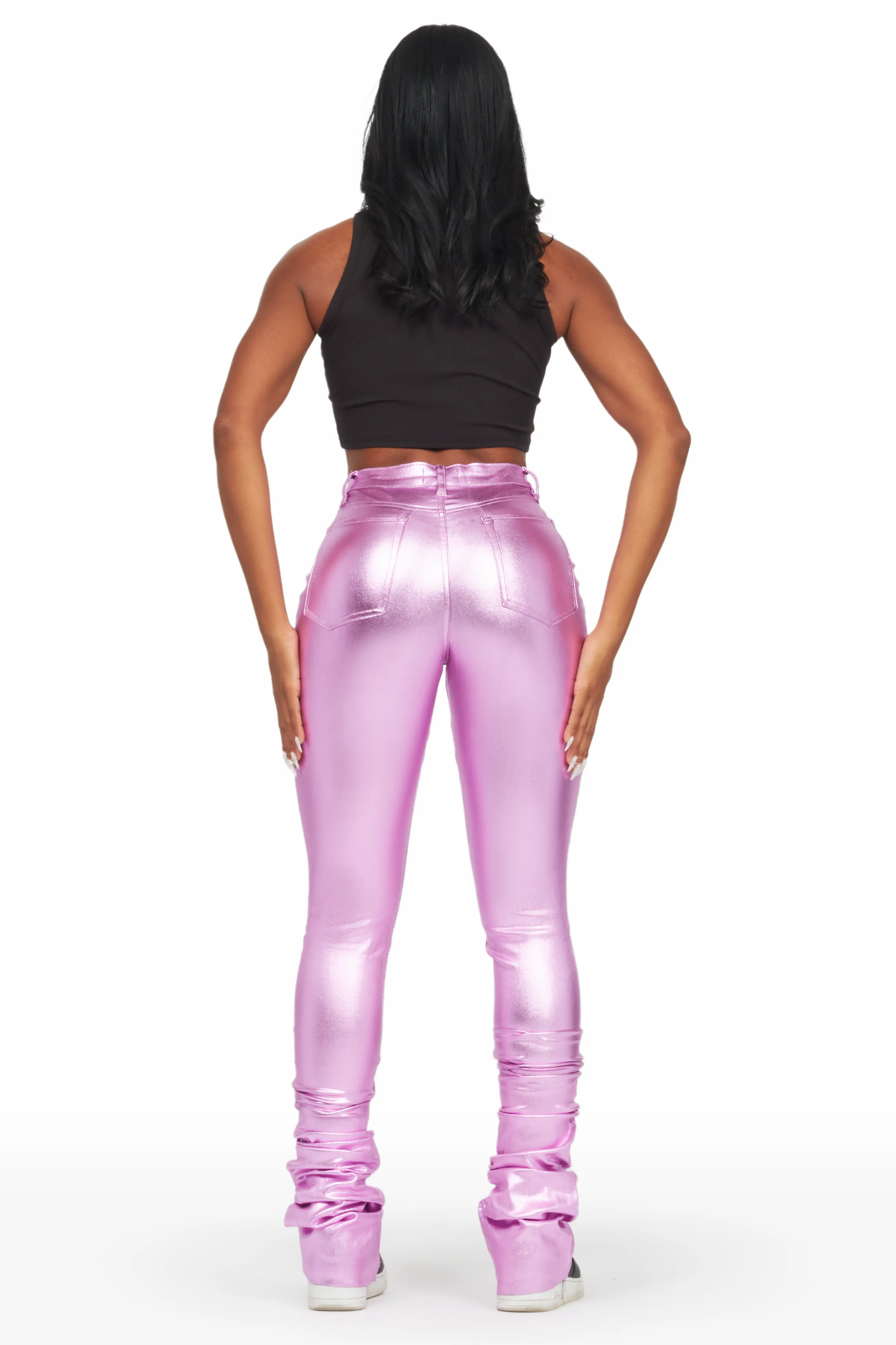 Keyonna Metallic Purple PU Super Stacked Pant - Image 5