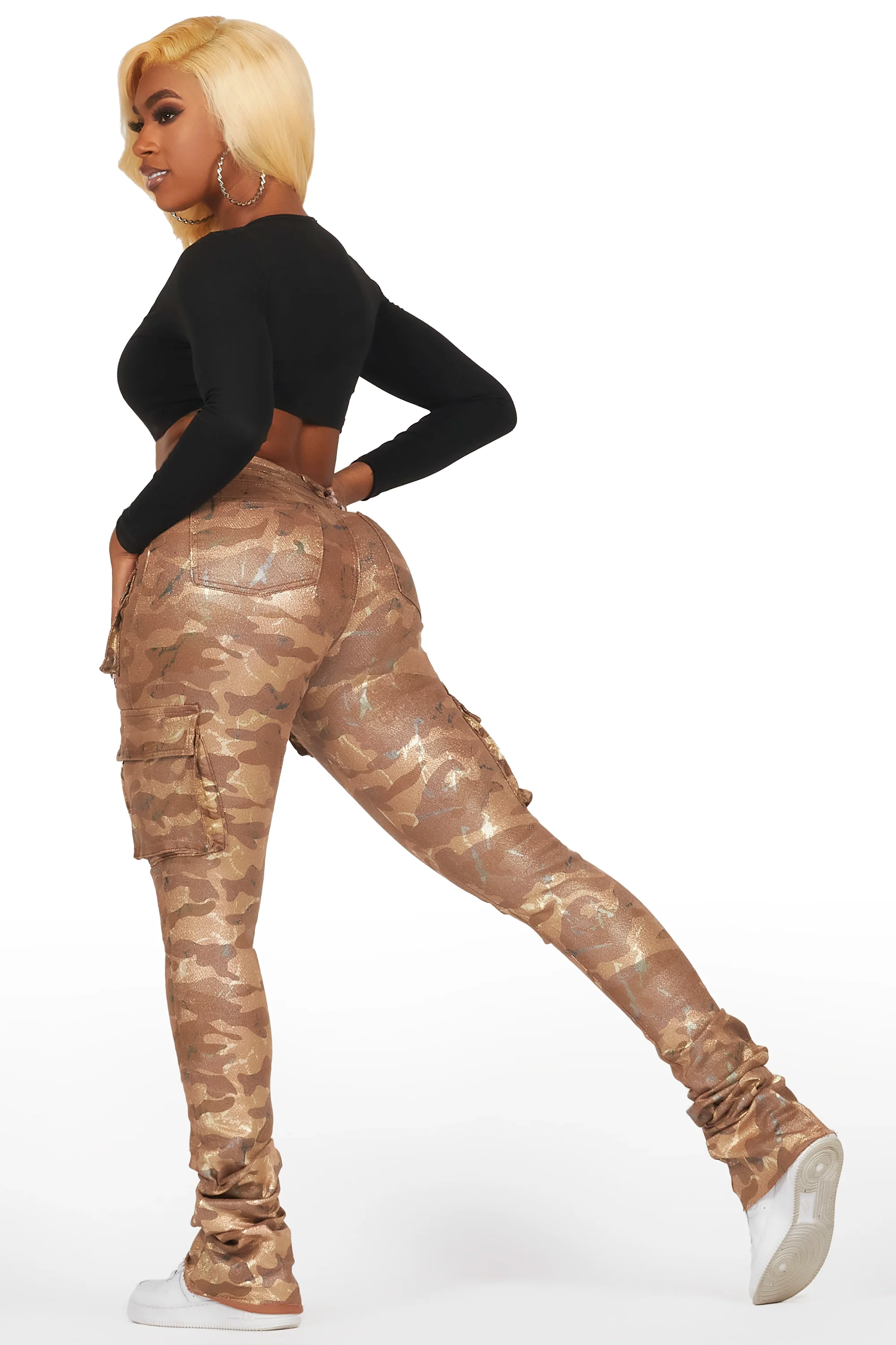 Miyah Brown Camo Cargo Super Stacked PU Pant - Image 5