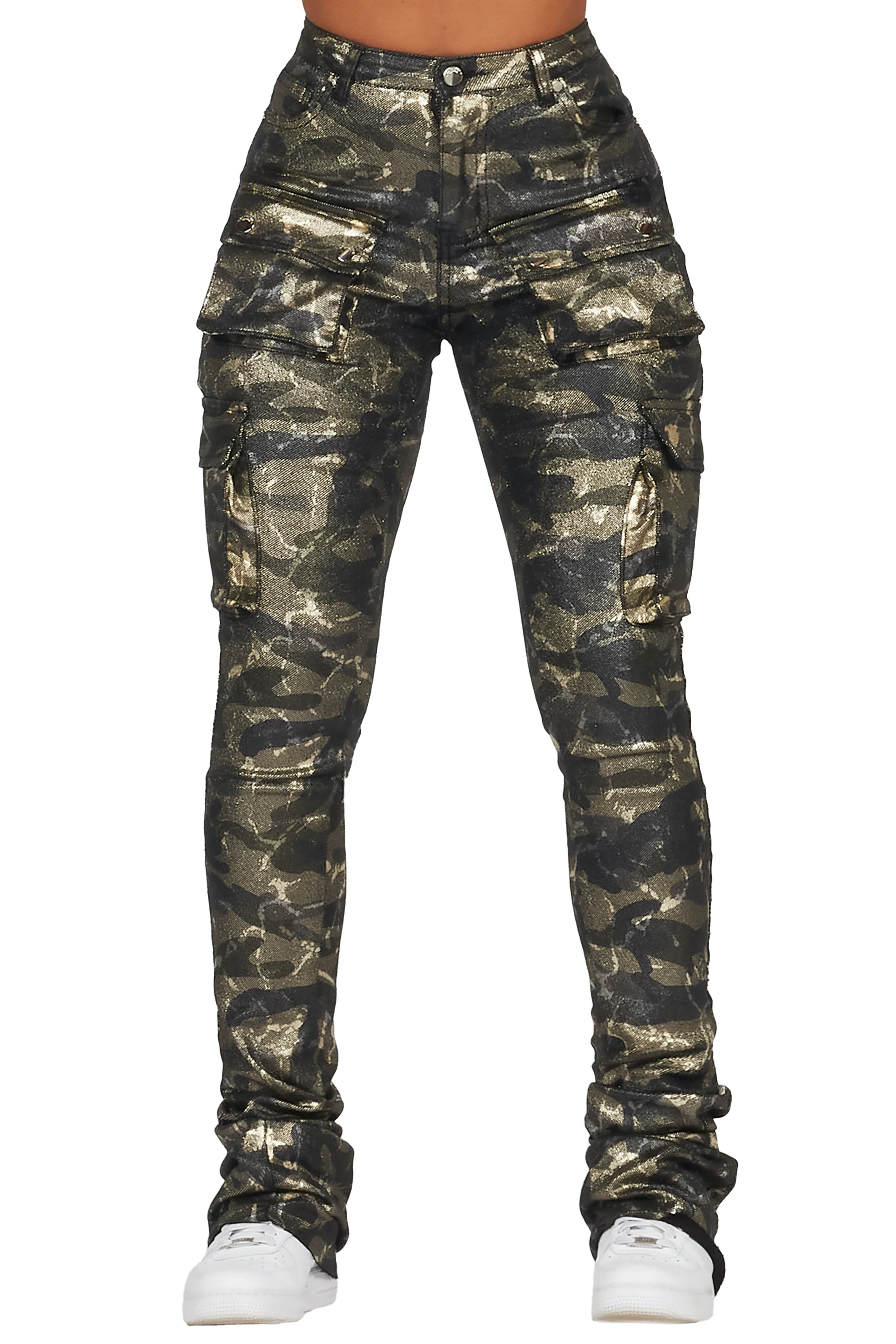 Miyah Green Camo Cargo Super Stacked PU Pant - Image 3