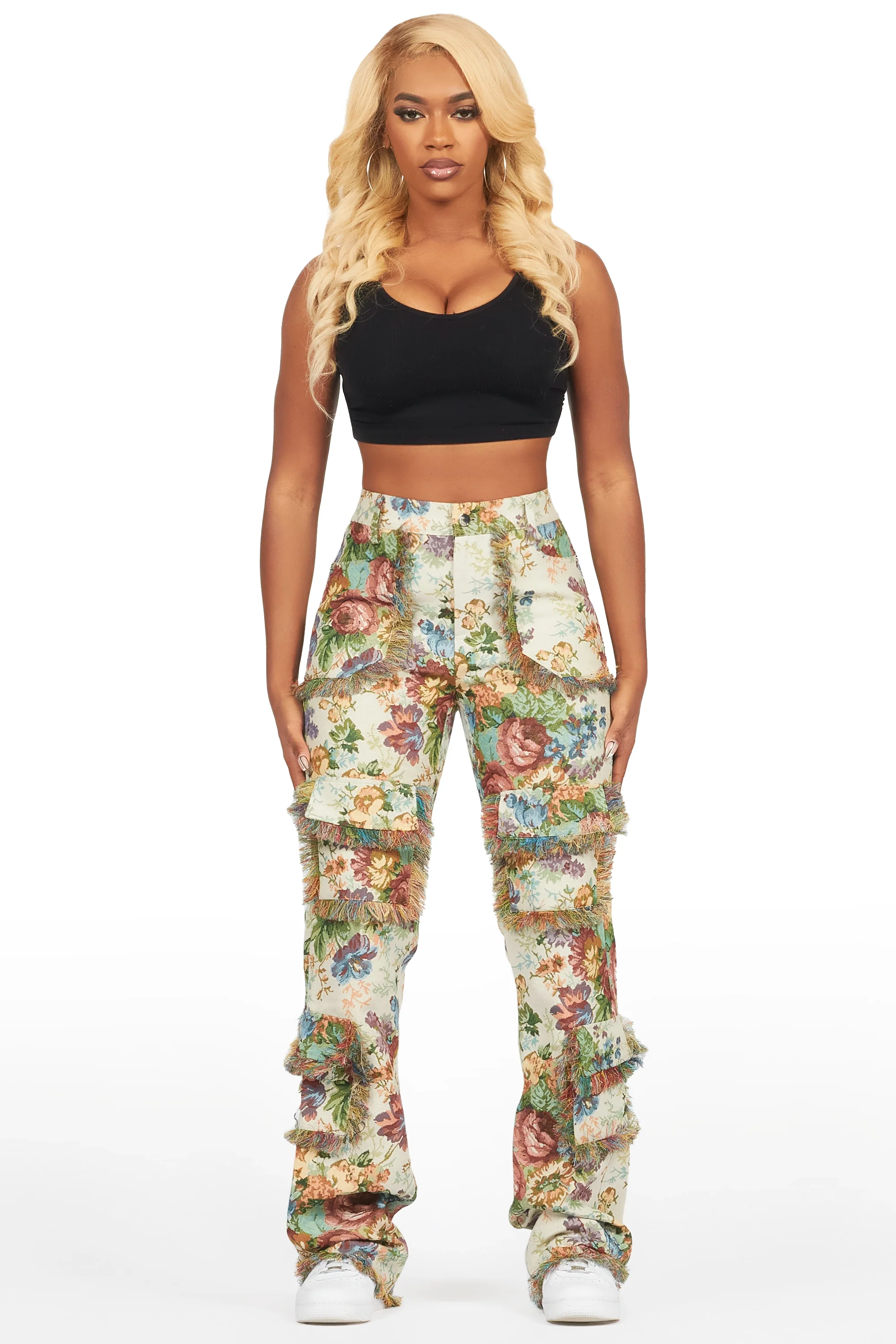 Makayla Beige Cargo Tapestry Stacked Pant - Image 2