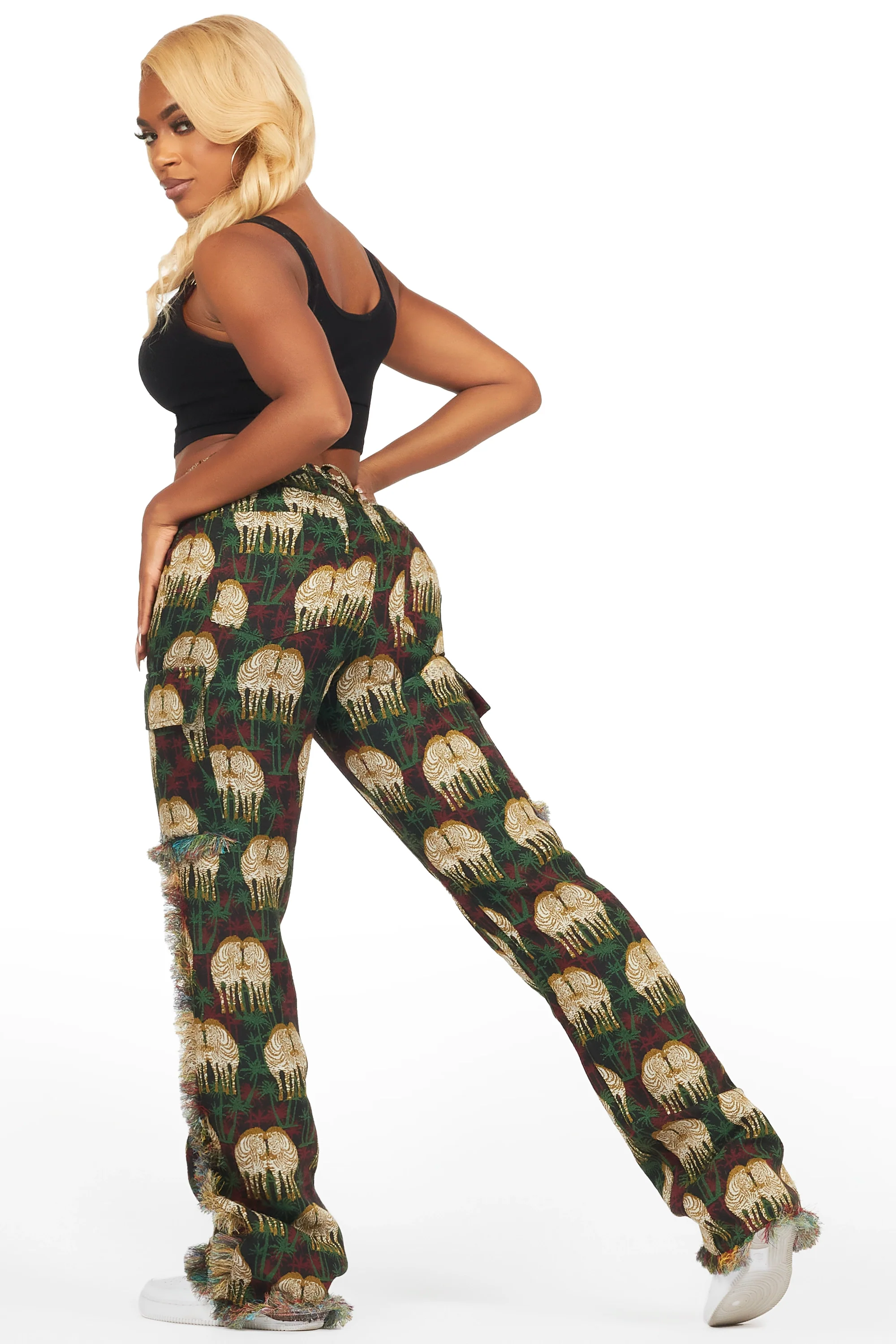 Zeontee Black Animal Print Cargo Tapestry Stacked Pant - Image 5