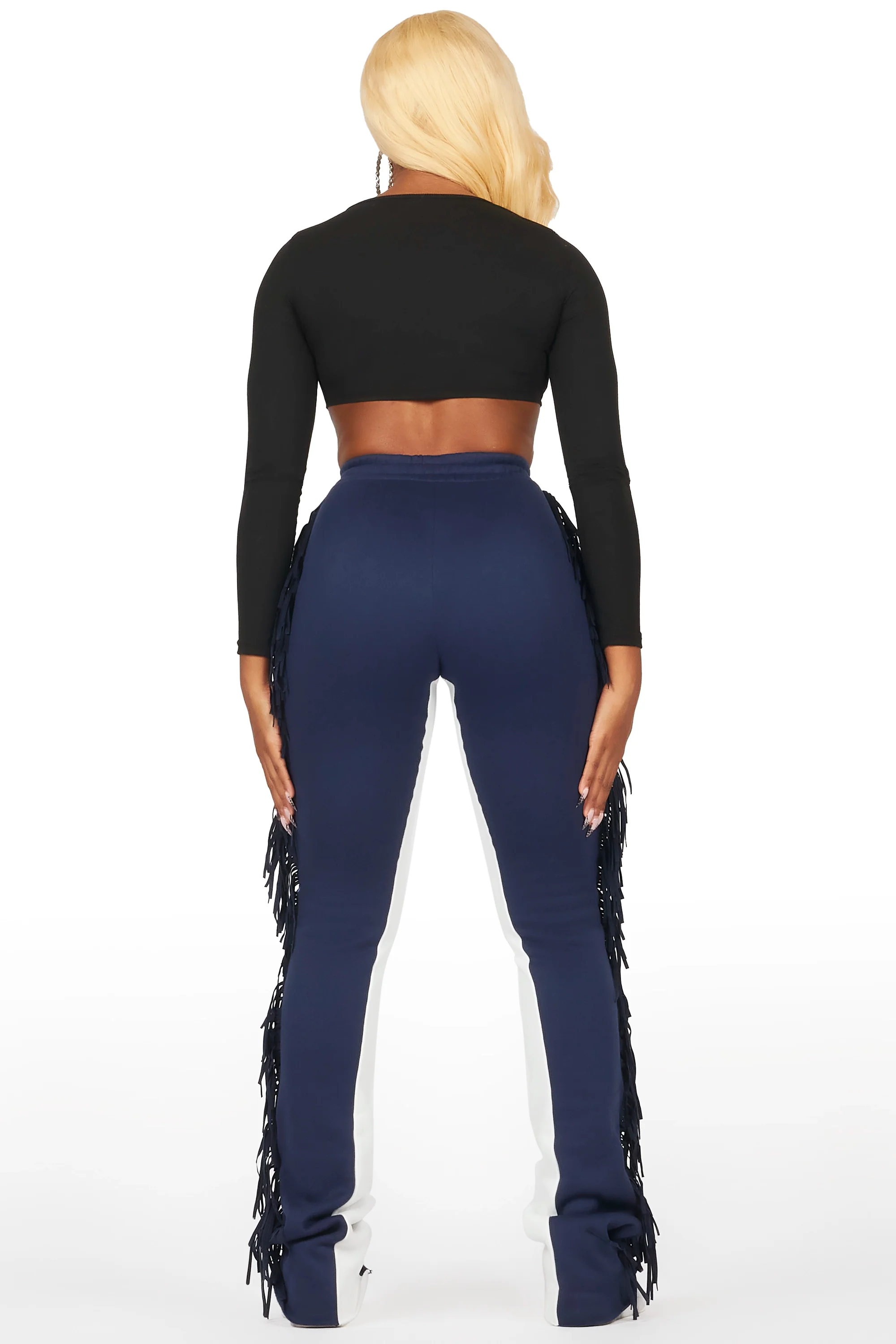 Kendra Navy Fringe Stacked Flare Track Pant - Image 6