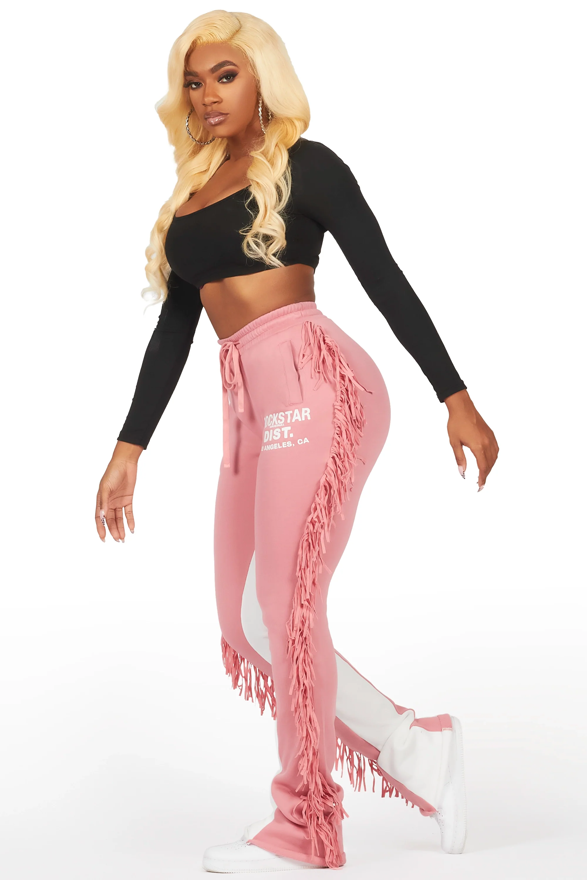 Kendra Pink Fringe Stacked Flare Track Pant - Image 4
