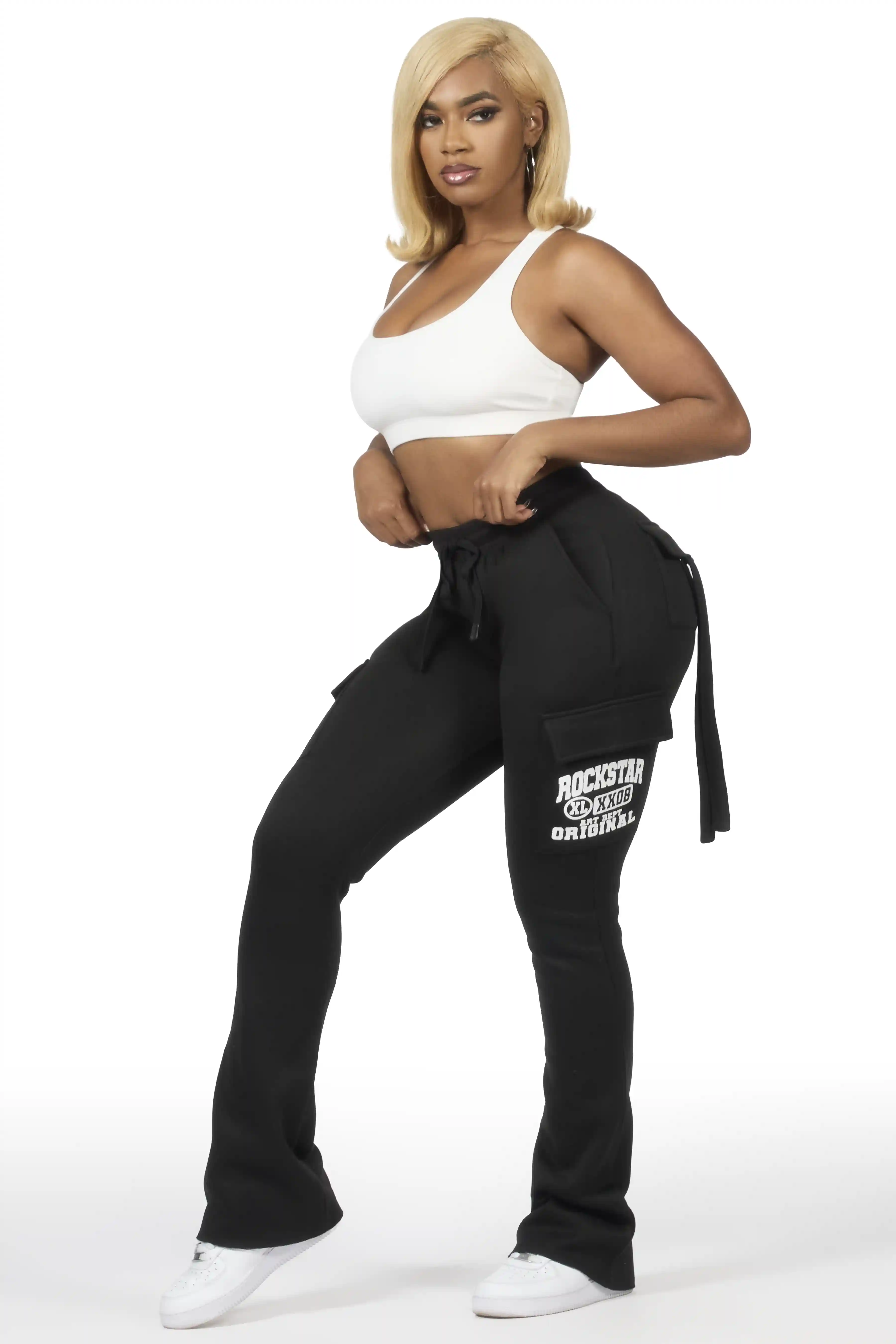 Elandira Black Cargo Stacked Track Pant - Image 5